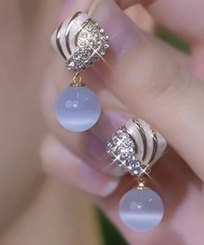 Elegant Light Blue Alloy Zircon Cat's Eye Stone Drop Glaze Drop Earrings