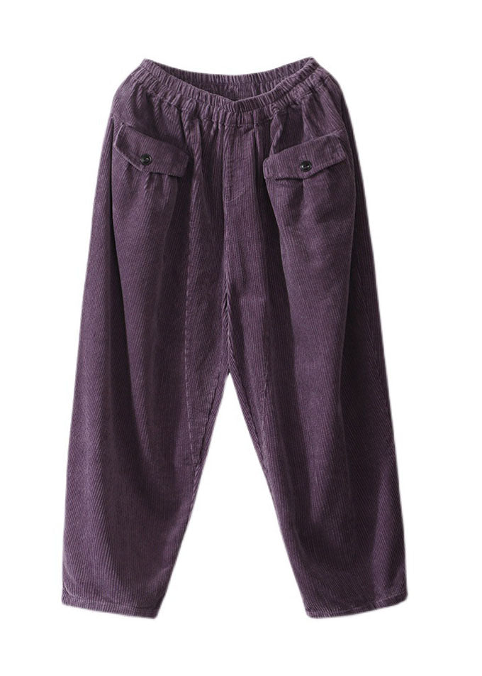 Plus Size Purple elastic waist Pockets Corduroy Pants