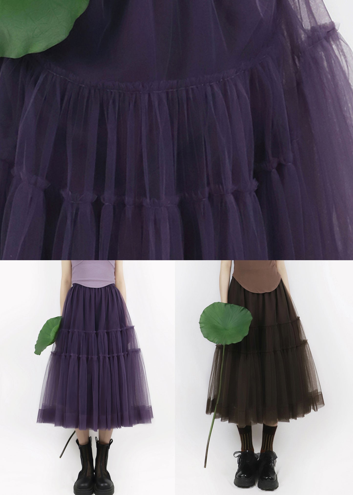 Chocolate Solid Patchwork Tulle Pleated Skirt Elastic Waist