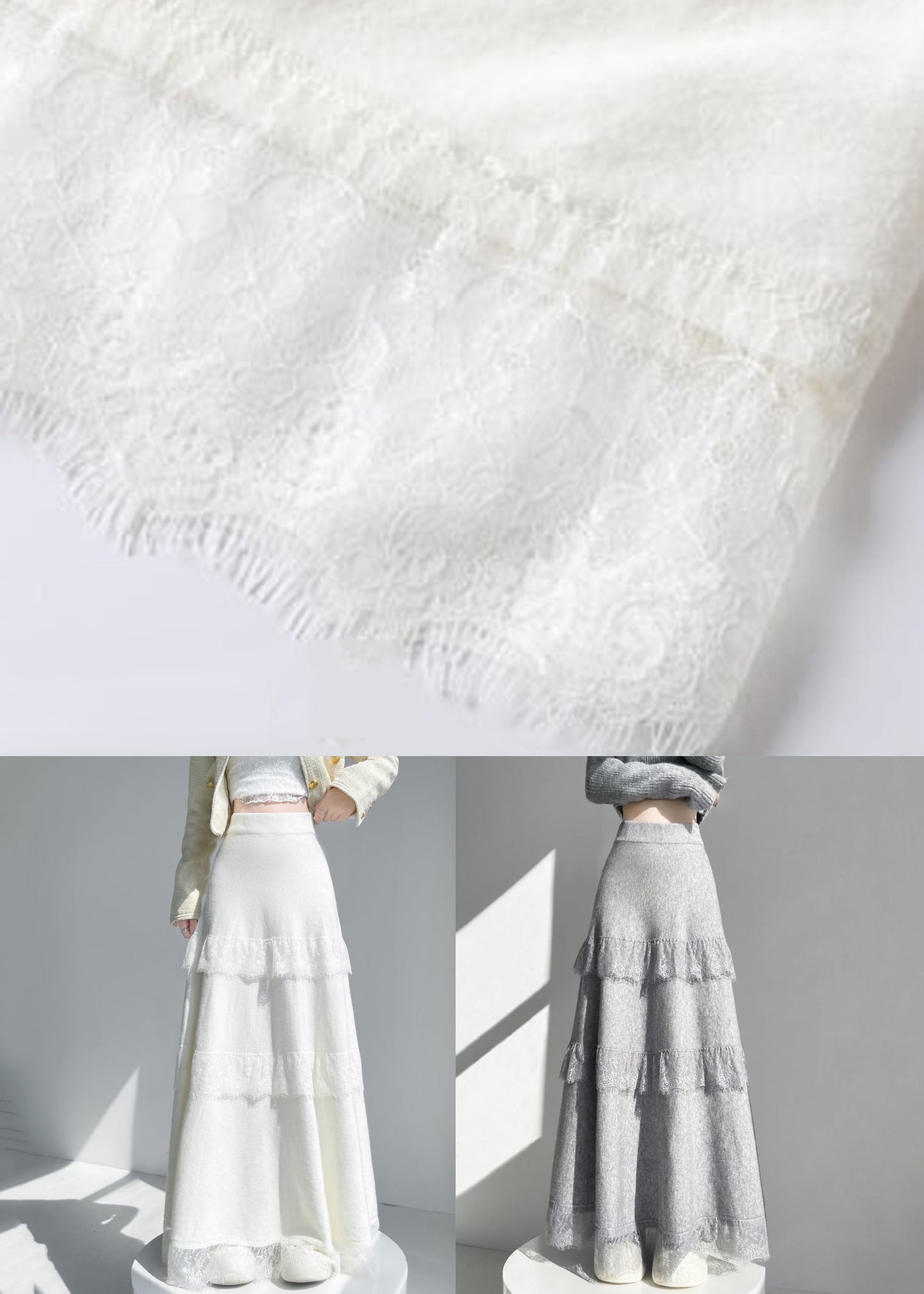 Apricot Lace Patchwork Solid Knit Skirt Elastic Waist