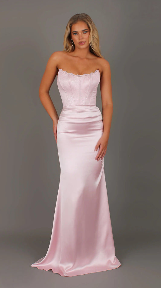 Bella - Pink Formal Dress, Strapless lace Corset, fitted pleated satin skirt