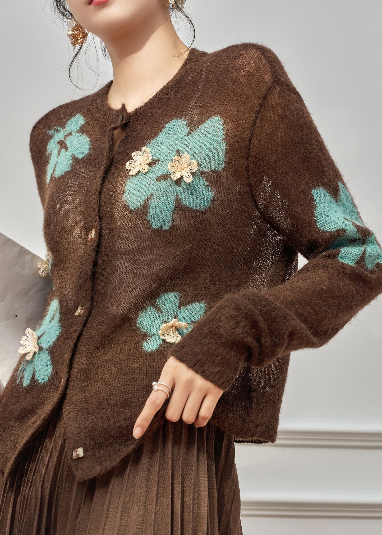 Boho Coffee O-Neck Patchwork Button Cotton Knit Cardigan Fall