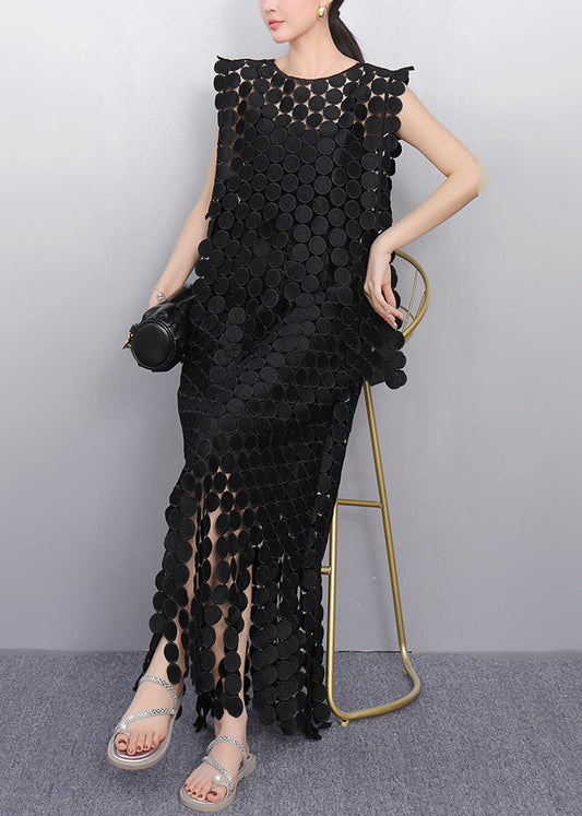Beautiful Black Dot Lace Top And Maxi Skirts Two Pieces Set Sleeveless