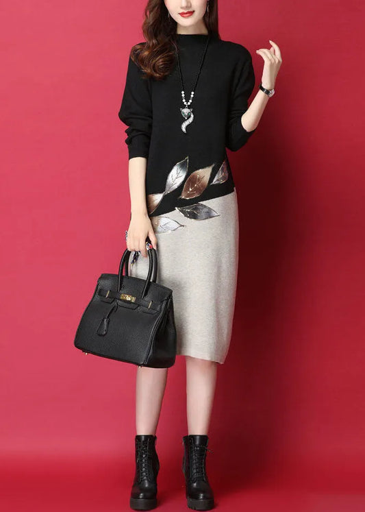 Fitted Black Stand Collar Patchwork Knit Sweater Dress Long Sleeve