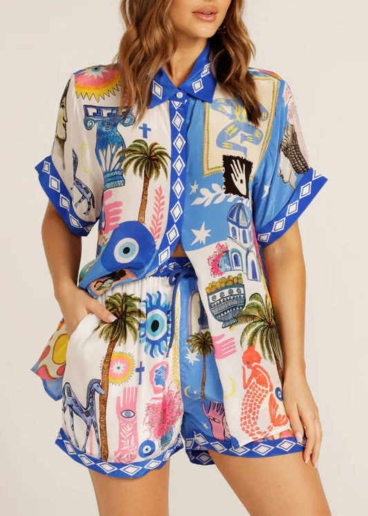 Loose Blue Peter Pan Collar Button Shirts And Shorts Two Pieces Set Summer