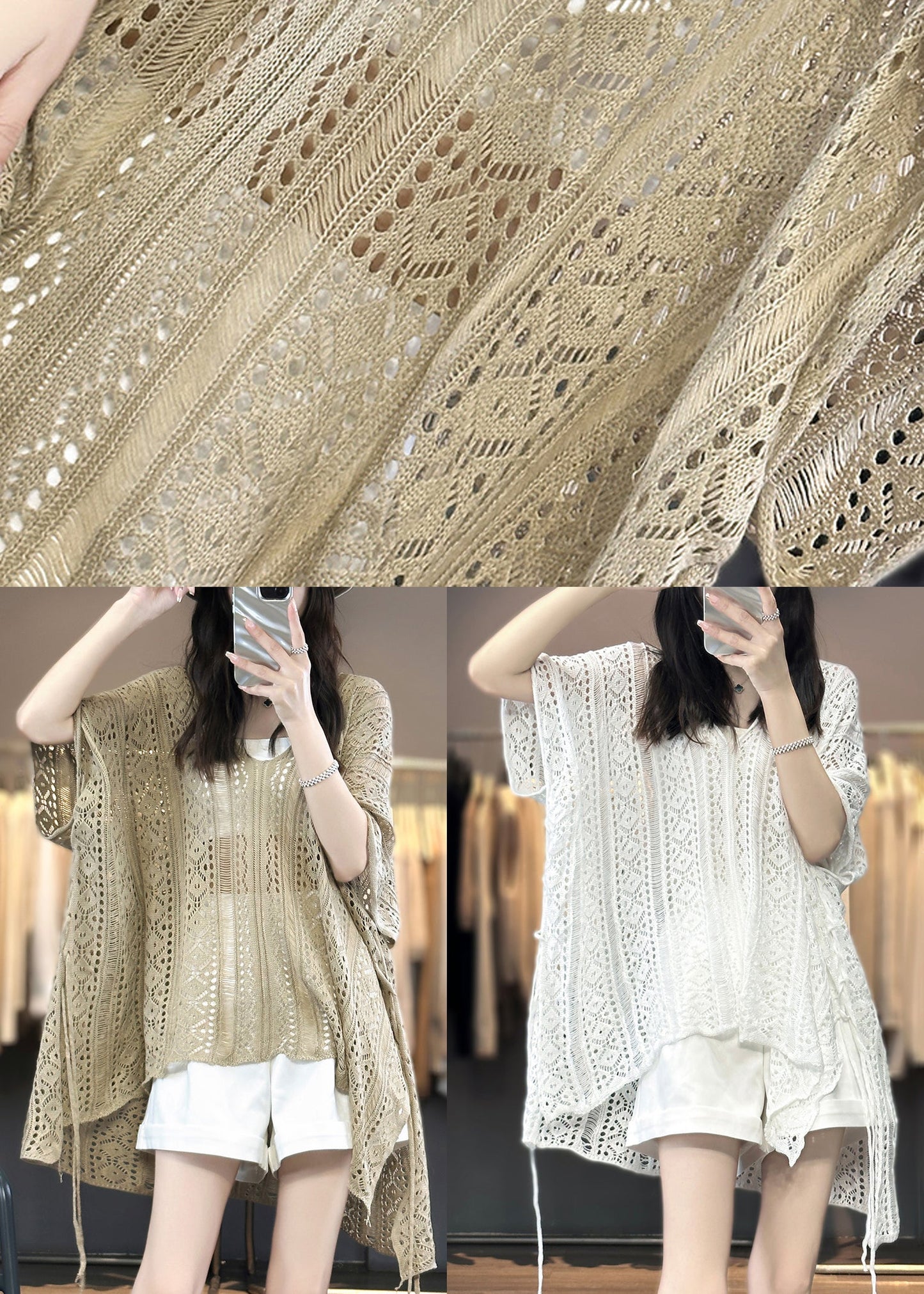 Women White V Neck Hollow Out Knit T Shirts Summer