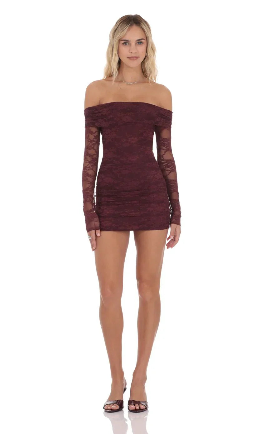 Off Shoulder Long Sleeve Lace Dress In Burgundy