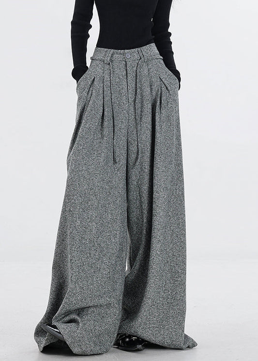 New Grey Zippered Button High Waist Woolen Wide Leg Pants