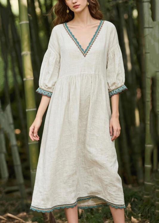 Vintage White Oversized Patchwork Linen Maxi Dresses Summer