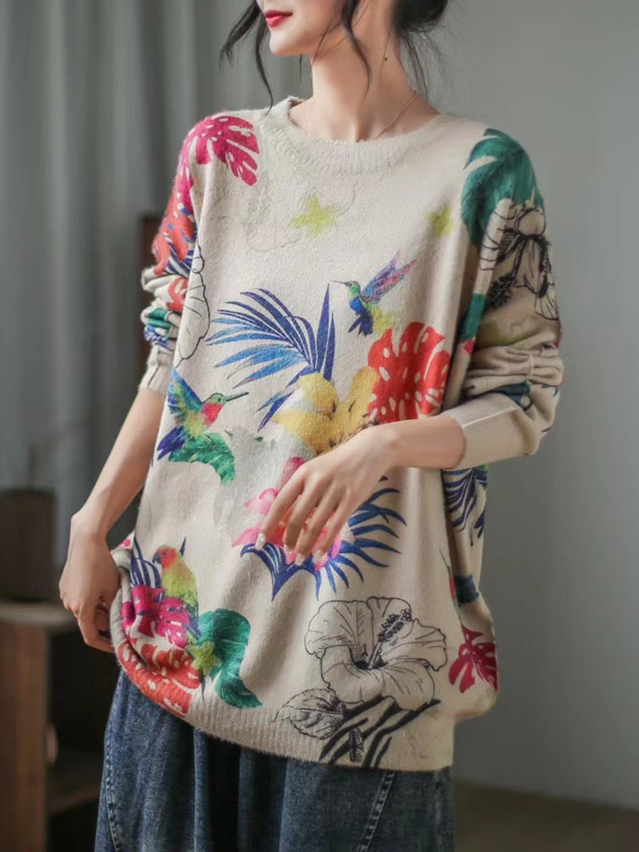 Women Long Sleeve Print Loose Casual Sweater