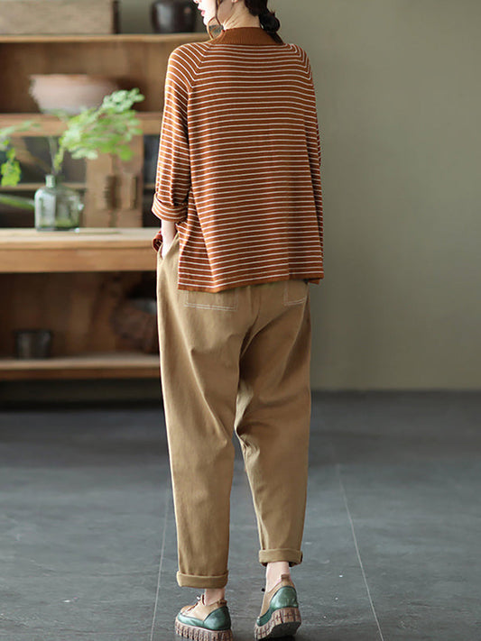 Plus Size - Stripes Turtleneck Knitted Long Sleeve Sweater