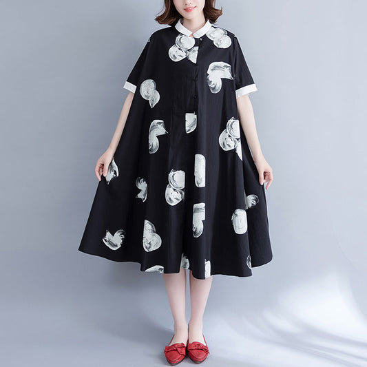 Boutique Black Prints Pure Chiffon Dress Oversize Chiffon Clothing Dresses Fine Big Hem Lapel Collar Chiffon Shirt Dress