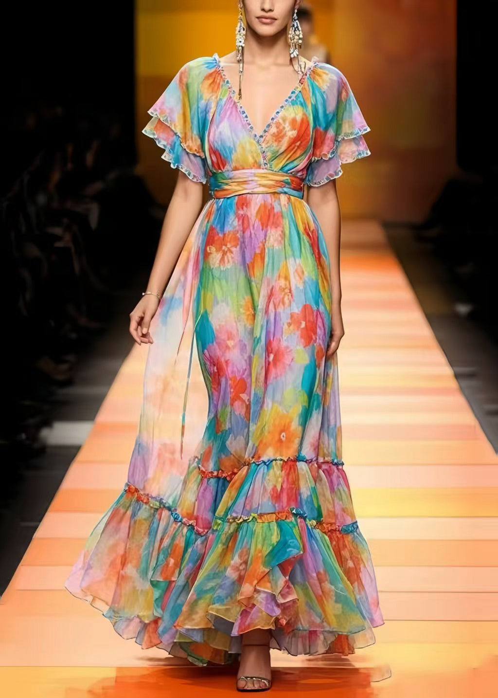 Elegant Multicolour Cinched Print Chiffon Vacation Dresses Summer