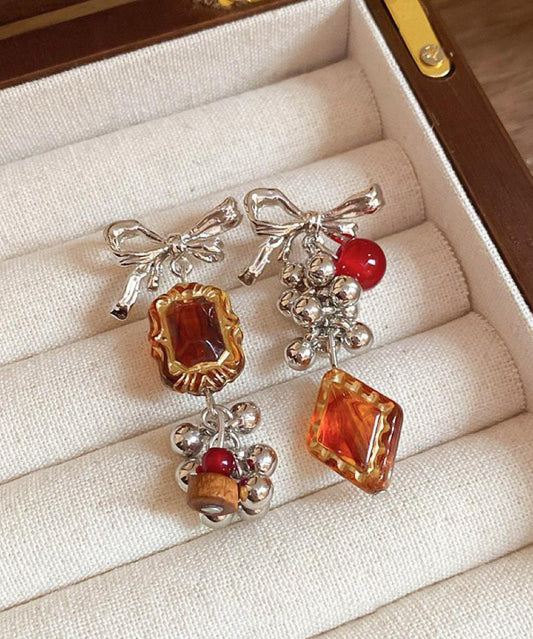 Vintage Acrylic Alloy Asymmetrical Amber Bow Tassel Drop Earrings