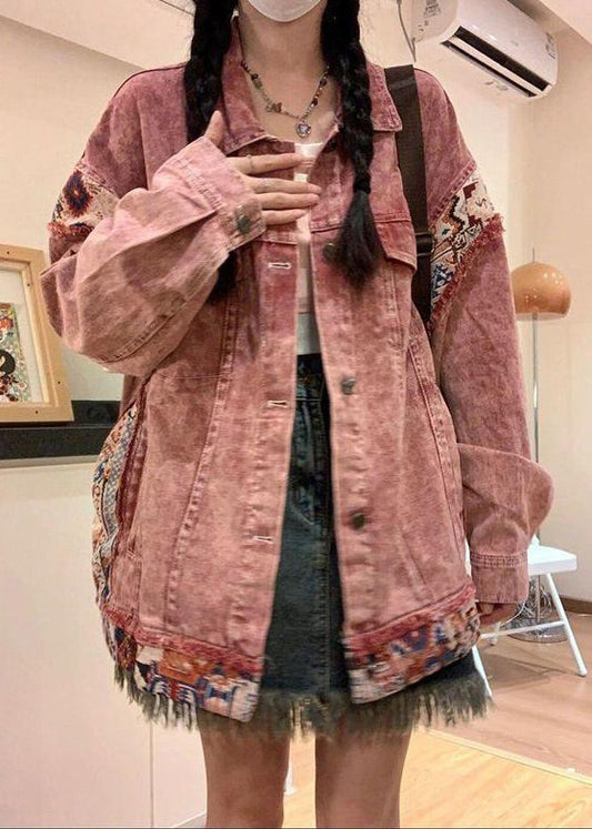 Vintage Pink Peter Pan Collar Button Patchwork Denim Coat Spring