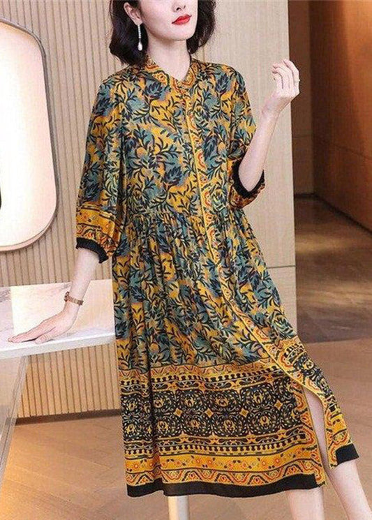 Classy O-Neck Print Button Wrinkled Silk Dress Long Sleeve
