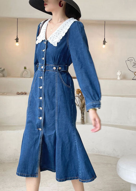 Boho Dark Blue slim fit Button denim Dress