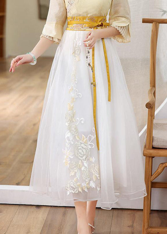 Cute Yellow Embroideried High Waist Tie Waist Tulle Skirts Fall