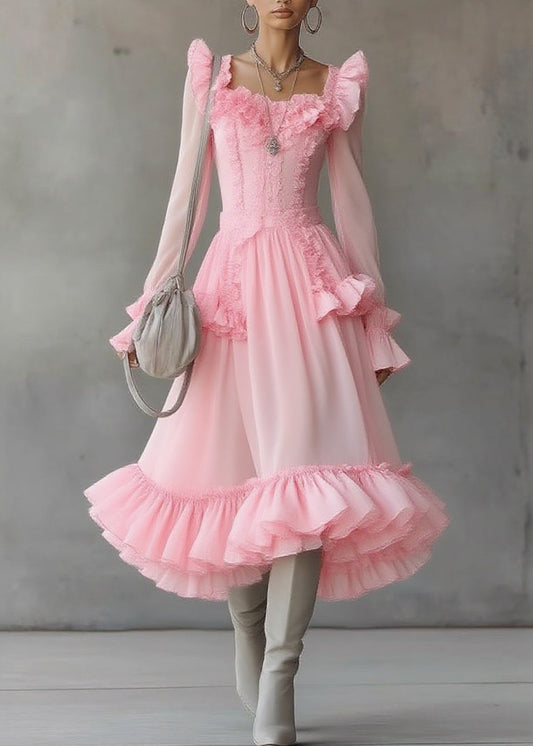 Cute Pink Square Collar Ruffled Patchwork Tulle Maxi Dress Lantern Sleeve
