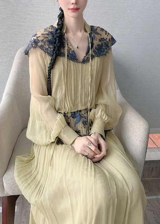 Beautiful Light Green Lace Patchwork Top And Maxi Skirts Two Piece Set Lantern Sleeve