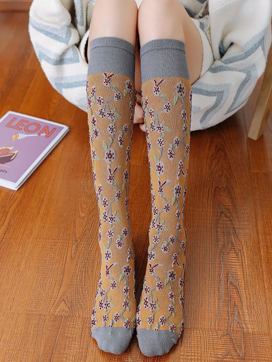4 Pairs Cotton Vintage Floral Women Long Socks