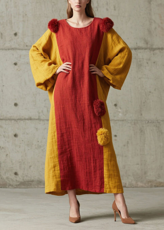 Colorblock Patchwork Cotton Dress Oversized Fuzzy Ball Decorated Lantern Sleeve