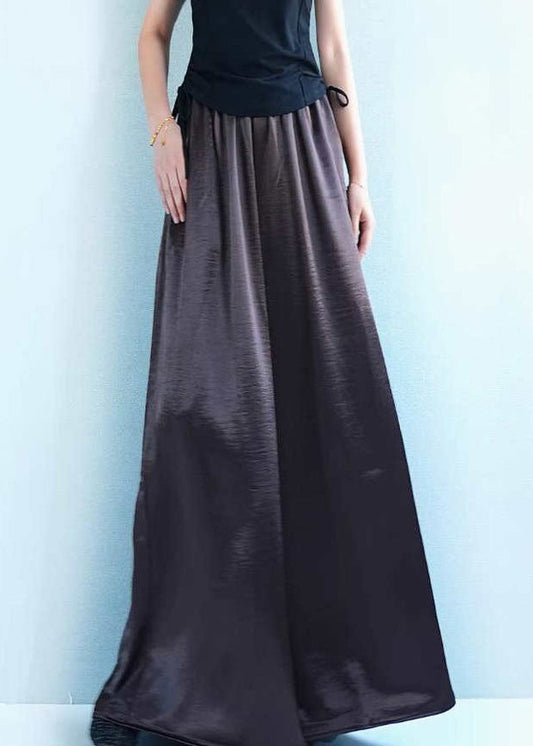 Loose Coffee Pockets Solid Silk Wide Leg Pants Summer