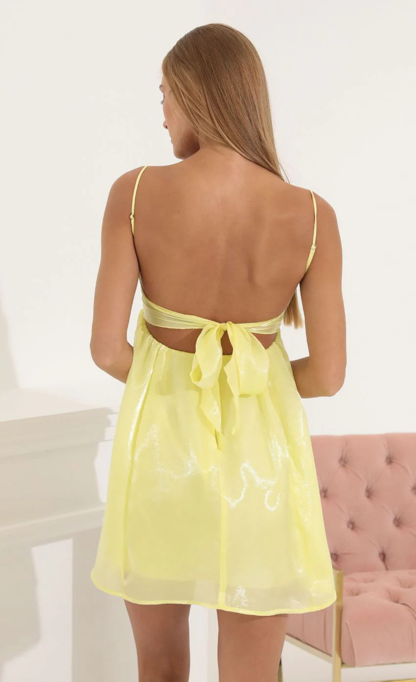 Shiny Organza Baby Doll Dress in Yellow