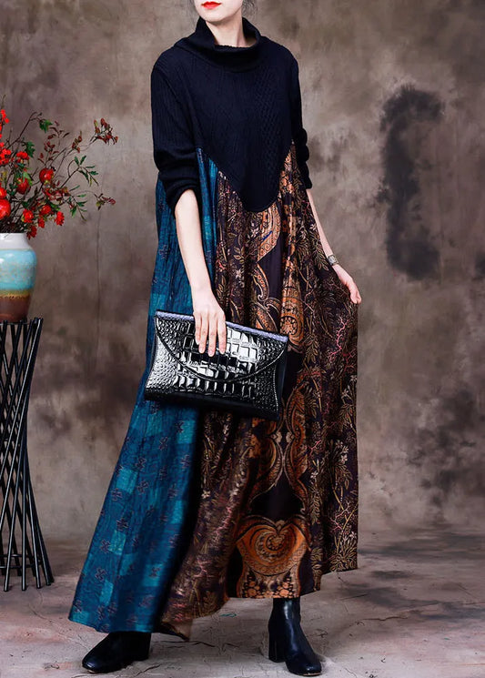 Casual Blue Patchwork Coffee Turtleneck Print Silk Maxi Dress Long Sleeve