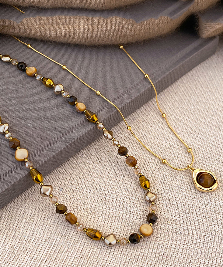 Fashion Gold Copper Overgild Tiger Eye Stone Beading Pendant Necklace Two Piece Set