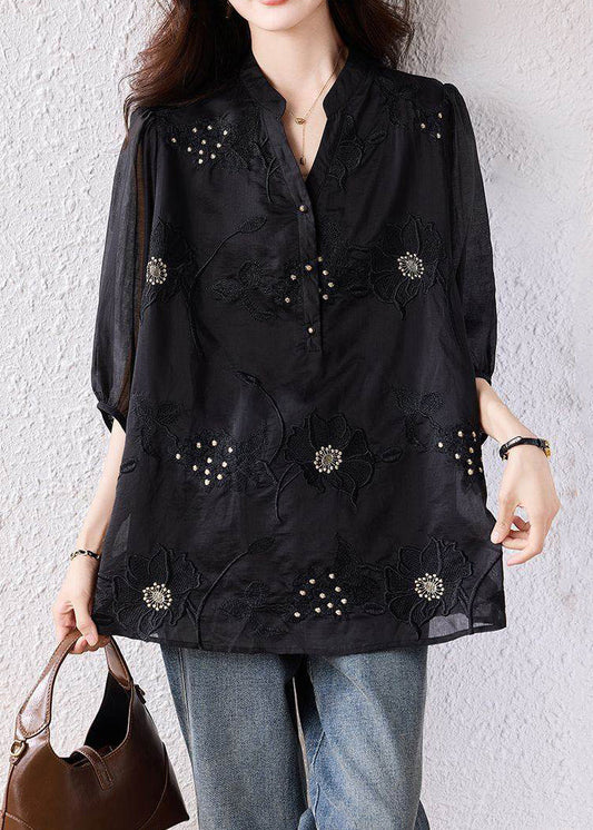 Loose Black Embroidered Nail Bead Cotton Blouses Bracelet Sleeve