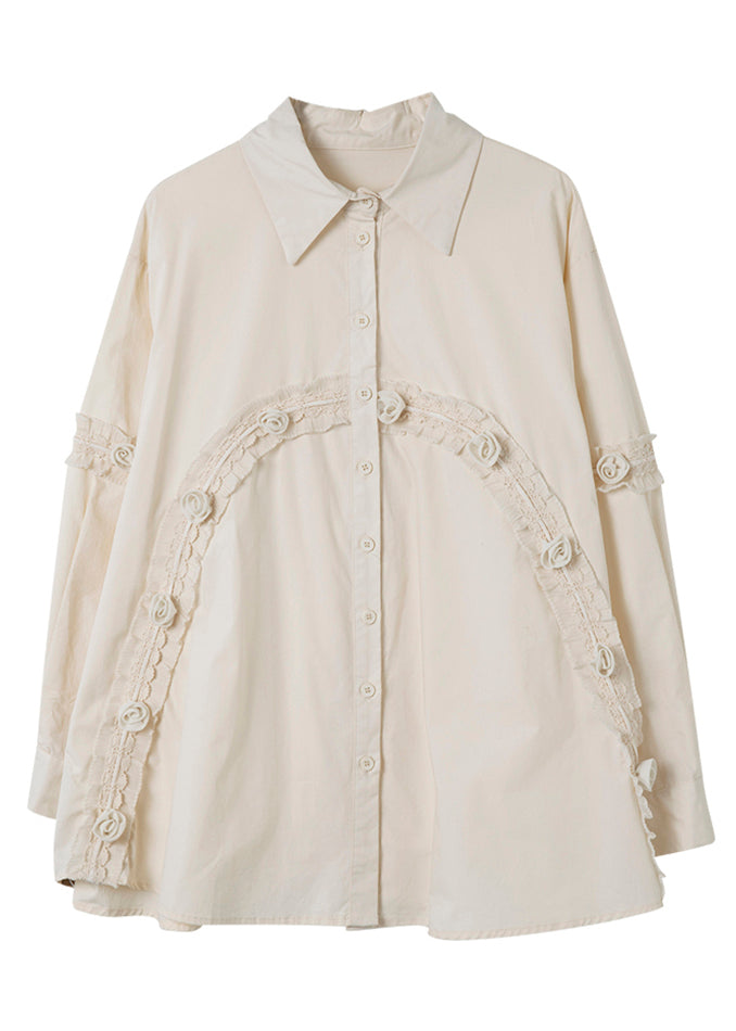 Casual Apricot Peter Pan Collar Ruffled Patchwork Cotton Shirt Spring