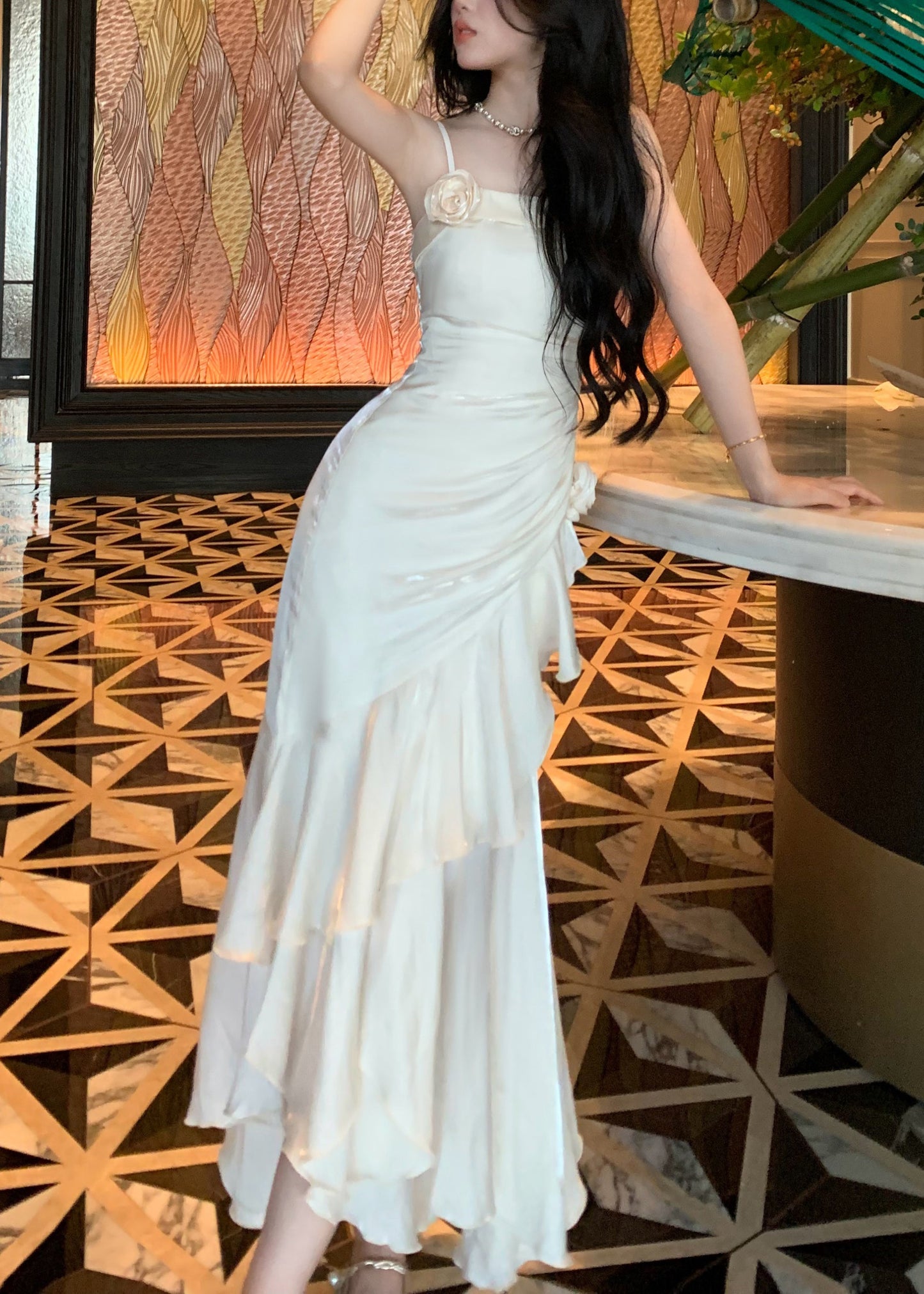 White High Waist Solid Silk Party Dress Ruffled Summer