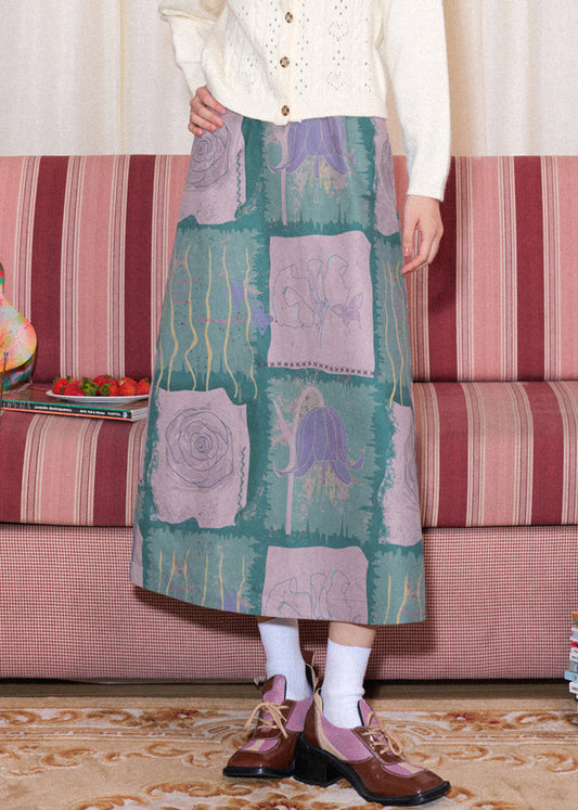 Slim Fit Blue Print High Waist Cotton Skirt Spring