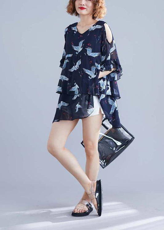 Chic navy print chiffon dresses Vintage Outfits v neck Ruffles Summer Dresses