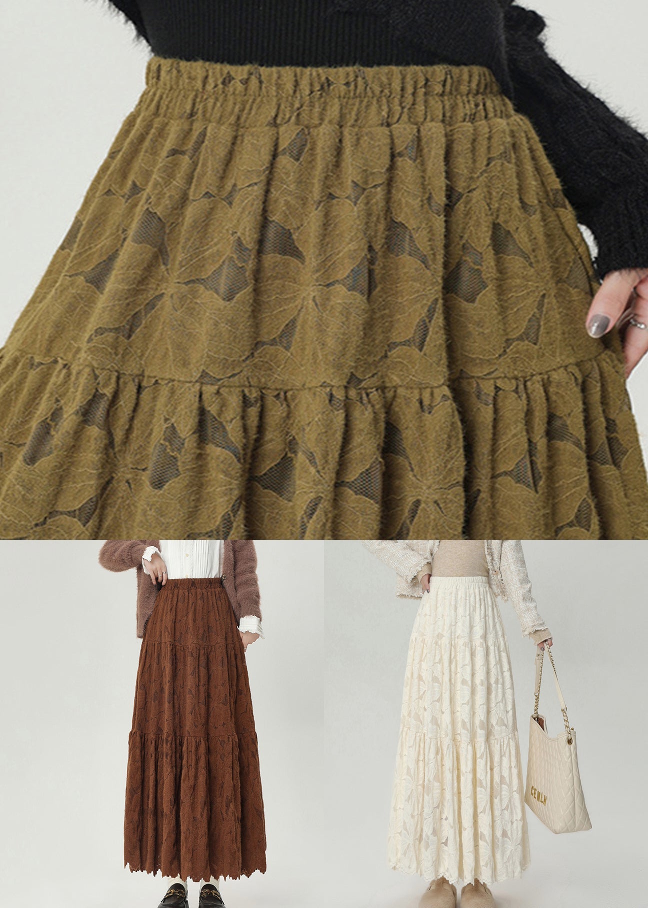 Vintage Coffee Elastic Waist Lace Warm Fleece Skirts Winter