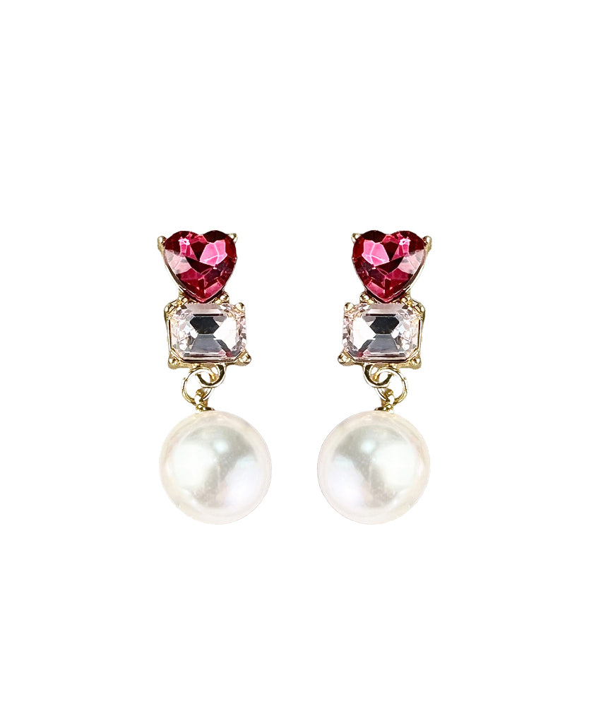 Cute Red Sterling Silver Alloy Love Crystal Zircon PearlDrop Earrings