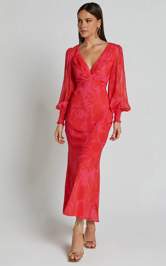 Claude Midi Dress - Deep V Neck Long Sleeve Slip Dress In Print