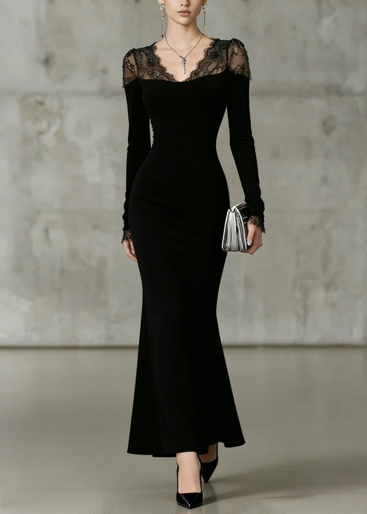 Fine Black V Neck Lace Solid Patchwork Fish Tail Dresses Spring