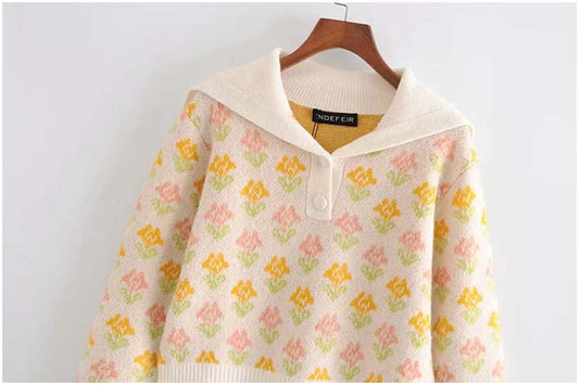Retro autumn girl sweet temperament two-color flower short sweater sweater 7163