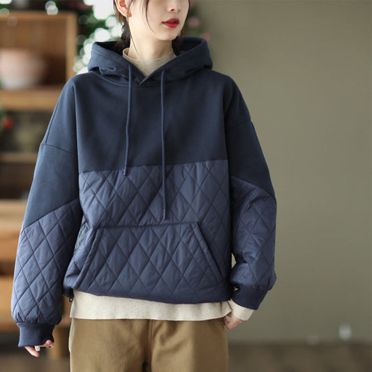 Loose Warm Patchwork Hooded Padded Sweatshirt