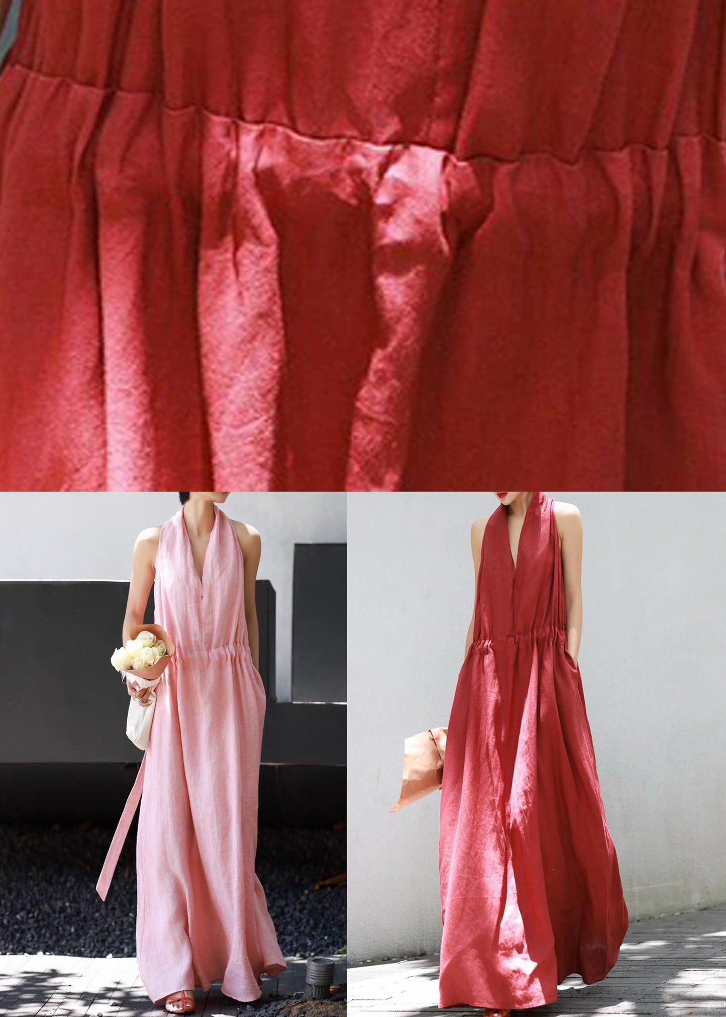 Red Lace Up Solid Cotton Long Dress V Neck Summer