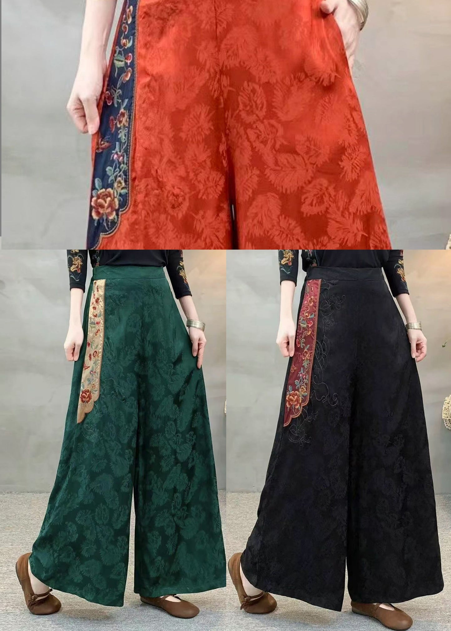 Ethnic Style Black Embroidered Patchwork Silk Pants Spring