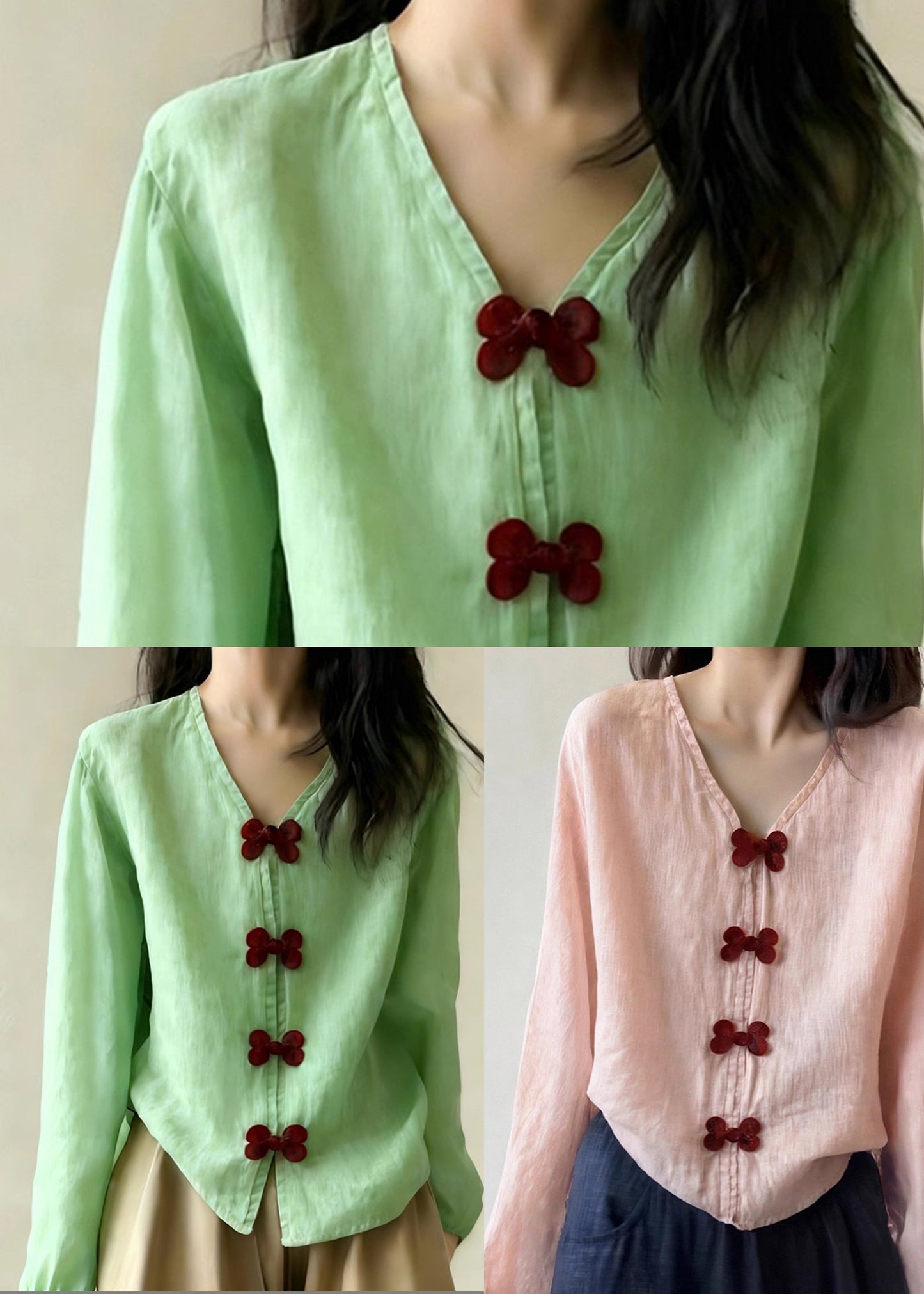 Unique Pink V Neck Bow Cotton Blouse Tops Spring