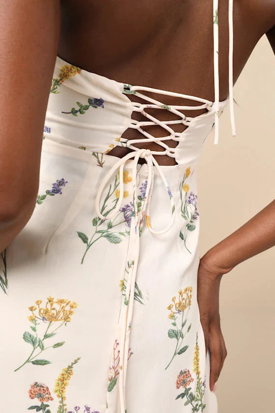 Catch the Bouquet Cream Floral Halter Lace-Up Mini Dress