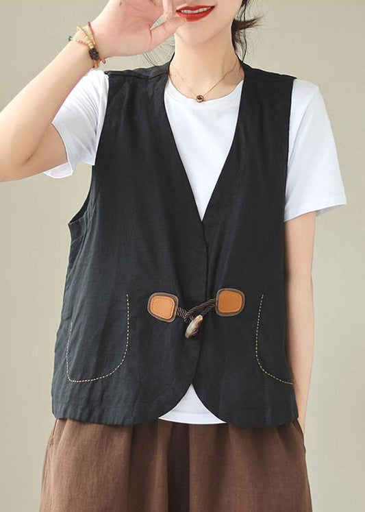 Loose Orange V Neck Button Linen Waistcoat Sleeveless