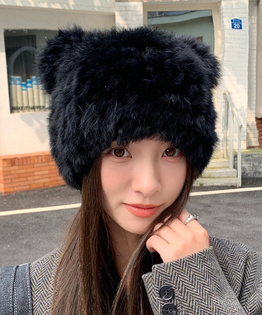 Cute Beige Cat's Ears Thickened Warm Fuzzy Fur Hat Winter