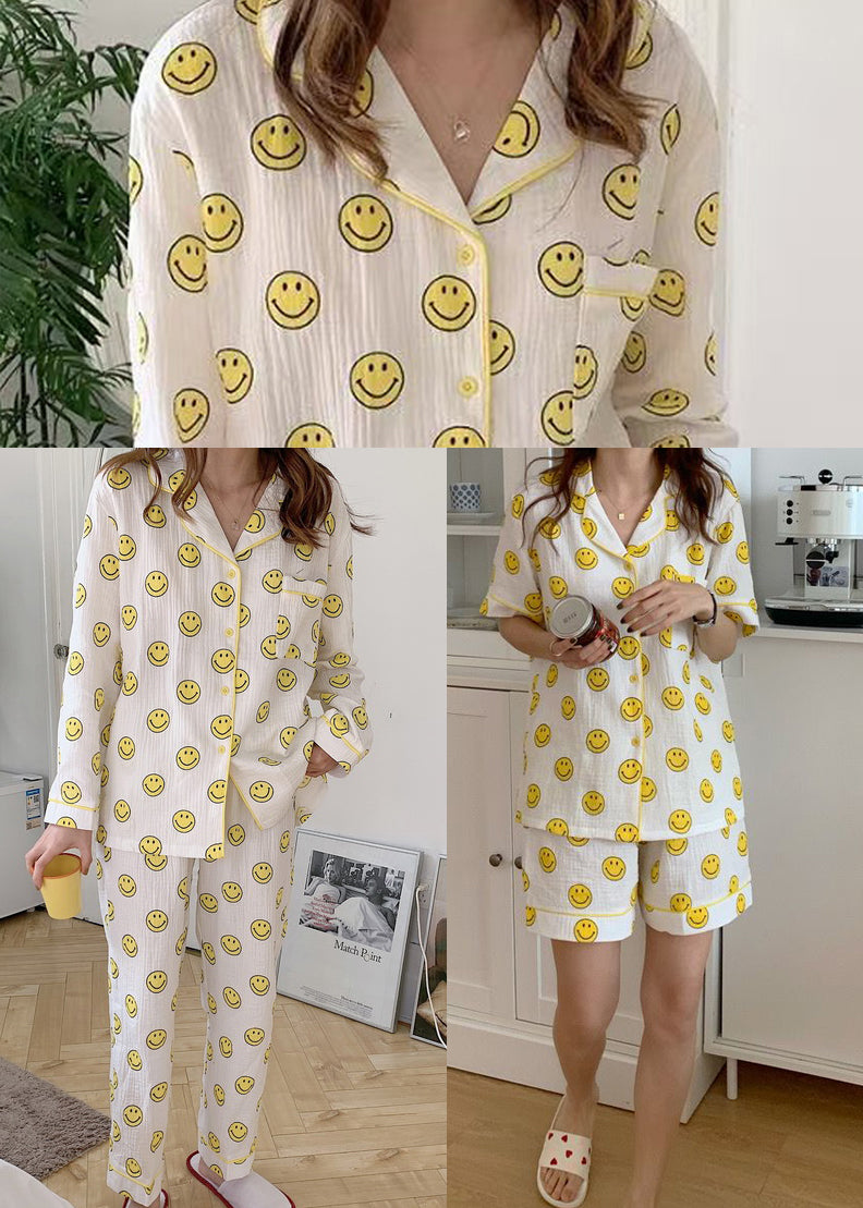 Smile Print Cotton Pajama Sets Notched Long Sleeve