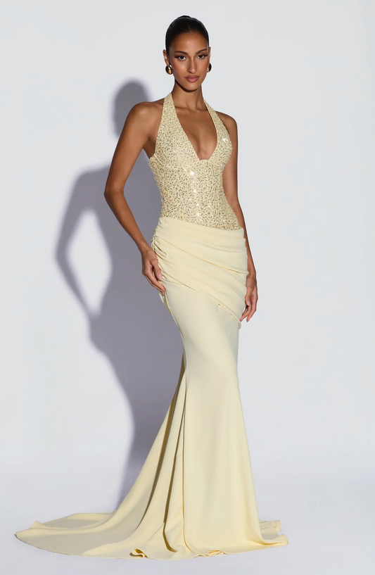 Luxury Champagne Gold Sequin Halter Backless Mermaid Evening Gown | Waist-Cinching Slimming Elegant Long Wedding Guest Dress