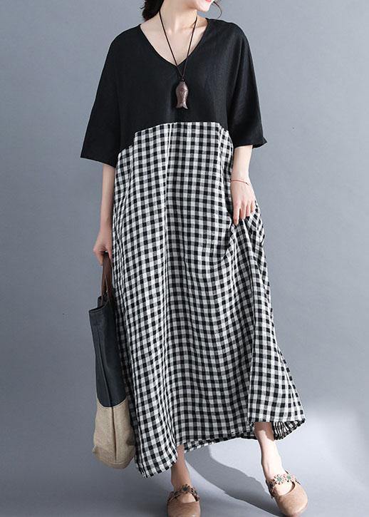 Loose v neck cotton clothes Women Shirts black patchwork Maxi Dresses summer
